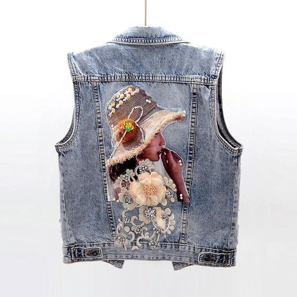 

women's vests 2021 spring diamond flowers denim vest short sleeveless coat jacket waistcoat, Black;white