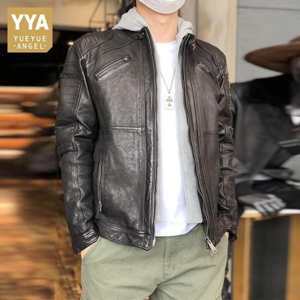 

men's leather & faux brand sheepskin biker jacket men multi-pocket zipper casual hooded short coat autumn winter genuine jaqueta mascul, Black