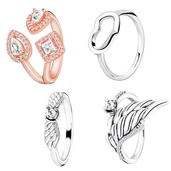 

mybeboa authentic 925 sterling silver geometric shapes polished open heart sparkling angel wing anniversary ring, Golden;silver