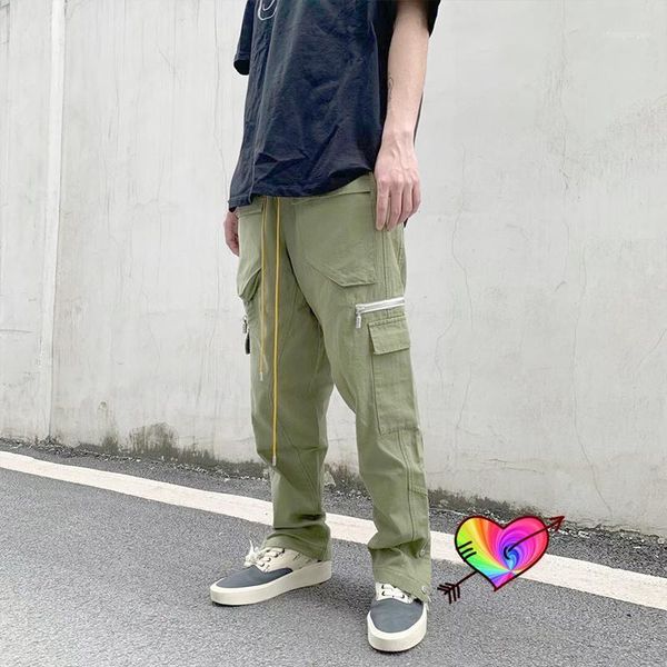 

men's pants 21ss men women vintage safari style cargo wash multiple pockets zipper drawstring trousers, Black