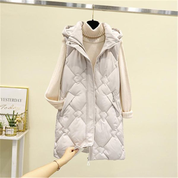 

women's vests 2021 autumn winter sleeveless cotton padded jacket female hooded long waistcoat parkas ladies outerwear women plus size v, Black;white
