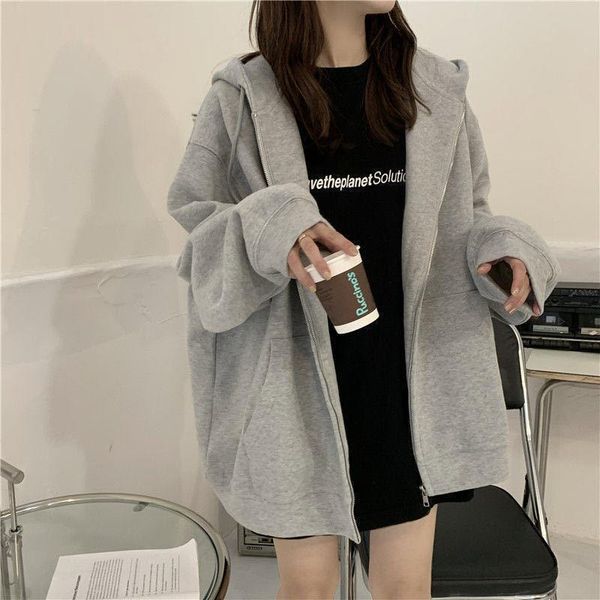 

women's hoodies & sweatshirts 2021 women zipper all-match solid vintage black summer students large size leisure streetwear over