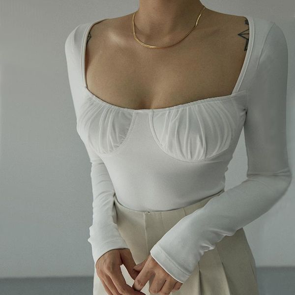 

women's t-shirt women gathered bust long sleeve crop top, White