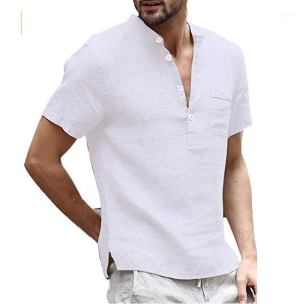 

men's casual shirts spring and summer cotton linen fashion solid color loose buttons stand-up collar pullovers, White;black