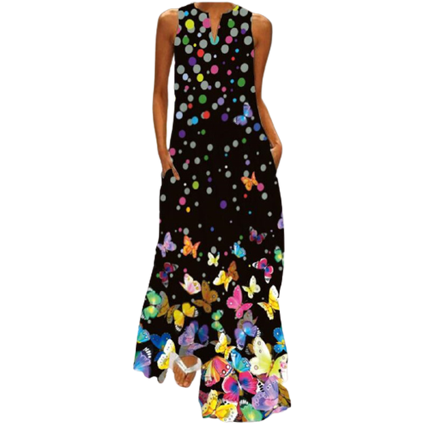

casual dresses fashion butterfly 3d print dress sleeveless summer women long loose streetwear v-neck maxi female vestidos, Black;gray