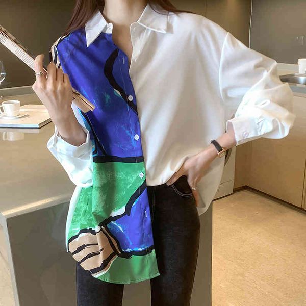 

long sleeve korean blouse shirt women loose women korean fashion clothing graffiti cotton white 351j 210420