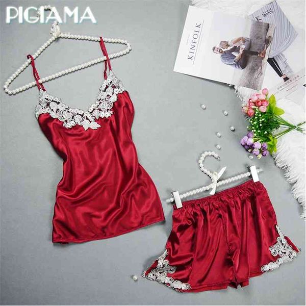 Işlemeli Kadınlar Seksi Saten Pijama Set Dantel İpek Pijama Set V Yaka Bayanlar Pijamas Pijama Kadın Yaz Giysileri Homewear 210330