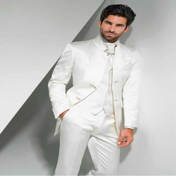 2019 Nova Chegada noivo TuxeDos Mandarin Lapel Homens Terno Branco Groomsman / Melhor Homem Casamento / Ternos De Prom (jaqueta + Calças + Tie + Vest) X0909
