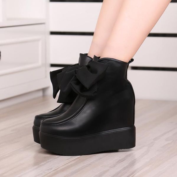 

boots thick sole wedge snow women leather high platform noir botas cowboy mujer black winter shoes for bowknot heels