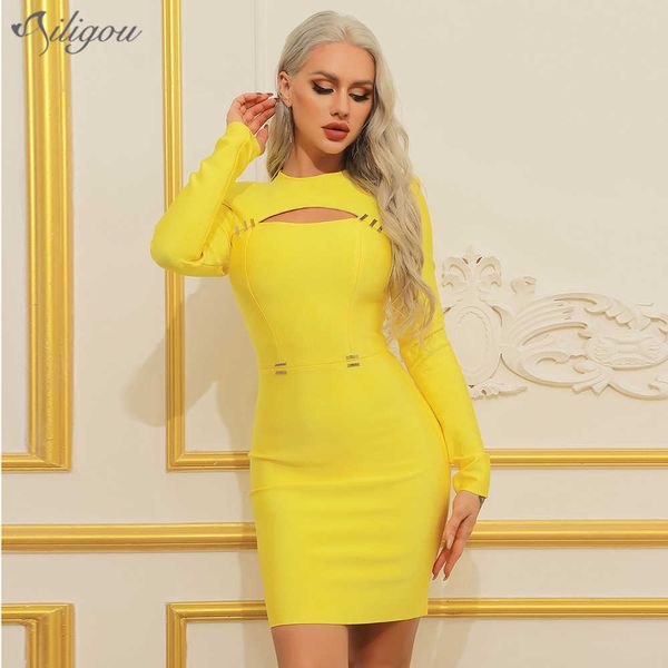 Frauen Einfarbig Gelb Oansatz Brust Hohl Langarm Enge Mini Verband Kleid Sexy Party Vestidos 210527