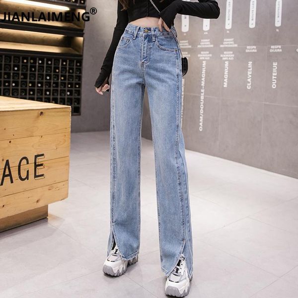 

women solid vintage high waist wide leg denim trousers simple all-match loose fashion harajuku womens chic casual jeans woman women's, Blue