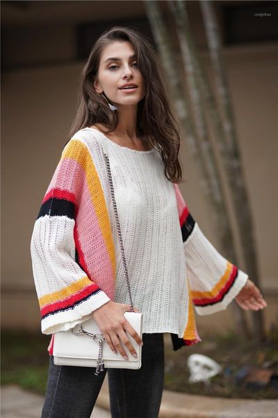 

women's sweaters mujingxin autumn and winter sweater style loose large size splicing knit rainbow top, White;black