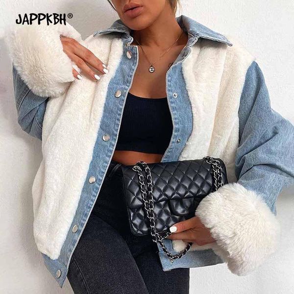 

women's jackets patchwork faux fur denim coat women 2021 autumn long sleeve jacket female vintage warm loose parkas winter outwear clot, Black;brown