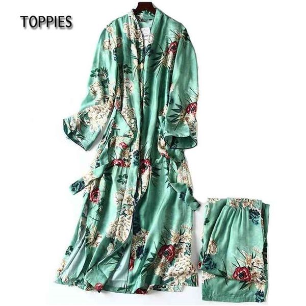 

women green color bathrobe style long kimono vintage floral printed wide leg pant ladies retro outfit 210421, White