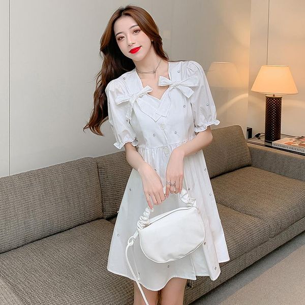 

casual dresses white v-neck rhinestone dress summer bowknot puff sleeve shirt button temperament a-line female, Black;gray