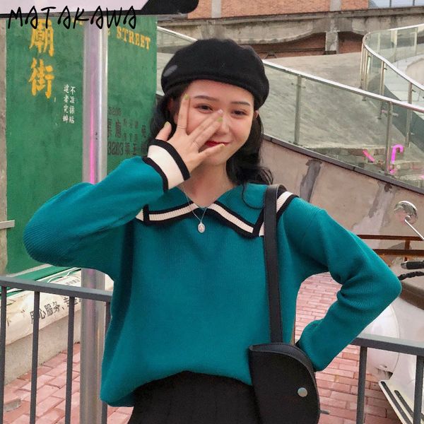 

matakawa turn-down collar sweater women loose outer wear pullover sweet japanese retro long sleeve woman sweaters 210513, White;black