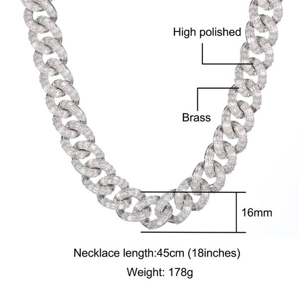 

chains hip hop 16mm 3 row baguette cuban bling iced out cz setting + cubic zirconia bracelet necklace for men women jewelry, Silver