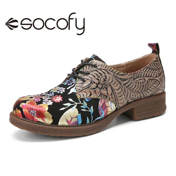

women floral printed embossed cowhide leather comfy round toe lace up casual outdoor retro style flat shoes boots, Black