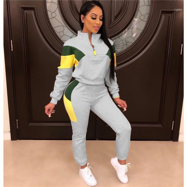 

women sport 2 two piece tracksuit color patchwork full sleeve turn-down collar sweatshirt pants casual sweatsuit outfits1, Gray