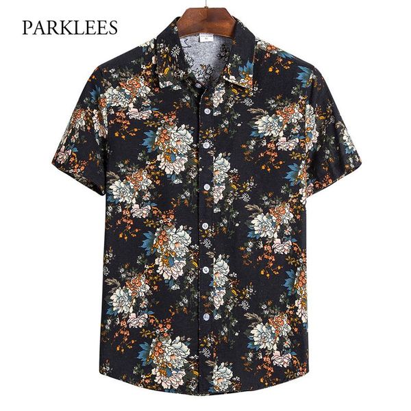 

floral print shirt men summer beach short chemise homme retro casual hawaiian oversize aloha loose vintage holiday camisas men's shirts, White;black