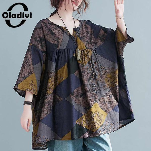 

women's blouses & shirts oladivi oversized casual loose fashion print cotton linen plus size women large summer 6xl 7xl 8xl 10xl, White