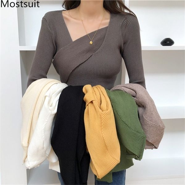 

stylish crossed knitted basic pullover sweater women long sleeve v-neck slim fashion ladies female jumpers 210518, White;black
