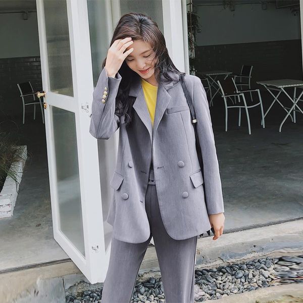 

women clothes stylish suit female office two-piece sets solid color double-breasted plus size trouser costume femme women's two piece p, White