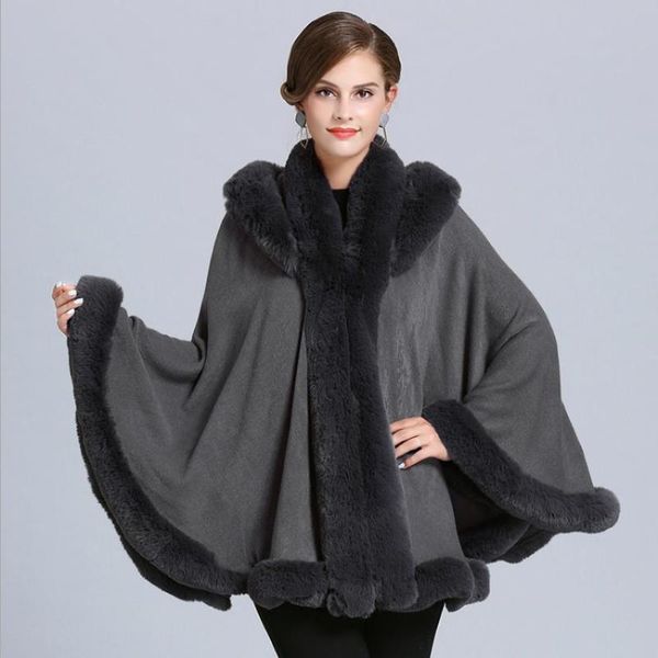 

women's fur & faux winter europe fashon oversize loose imitation collar knit coat female bat sleeve cardigan shawl cloak jackets f207, Black