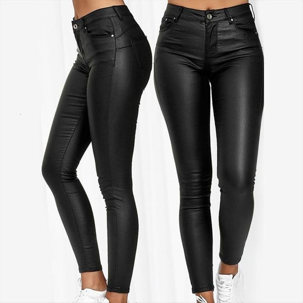 

spring pu leather black women pant stretch bodycon trousers high waist long casual pencil plus size s 3xl, Black;white