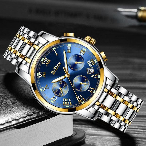 

wristwatches biden men's quartz watch true three eyes chronograph date wristwatch waterproof luminous calendar clocks gifts relogio mas, Slivery;brown