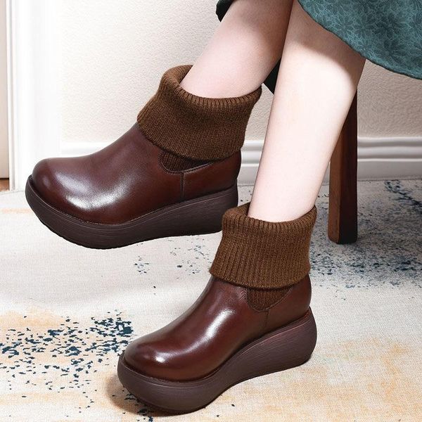 

boots brown flatform sock wedge black knit brand women winter genuine leather muffin shoes retro high heel mid calf vintage