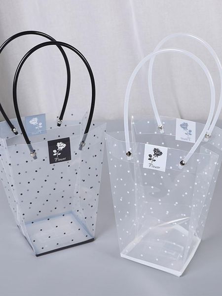 

gift wrap pvc flower packaging bag transparent polka dot wrapping bouquet packing box carrier with handles