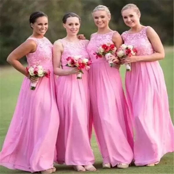 

2022 pink bridesmaid dresses lace chiffon floor length a line jewel neck maid of honor gown custom made country beach wedding party formal w, White;pink