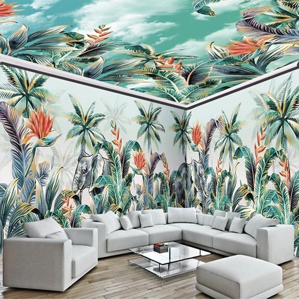 

wallpapers custom 3d po mural tropical plants forest elephant coconut trees wallpaper for ceiling wall bedroom living room decoration