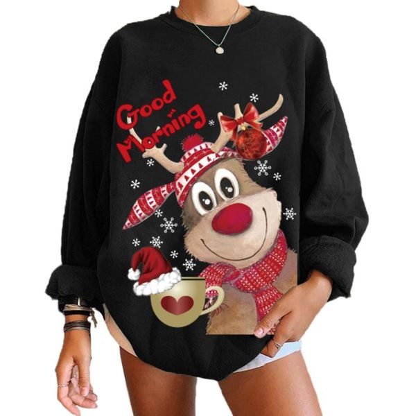 

women's t-shirt christmas women outfit clothing deer printed sweatshirts casual long sleeve o-neck pullover tee, White
