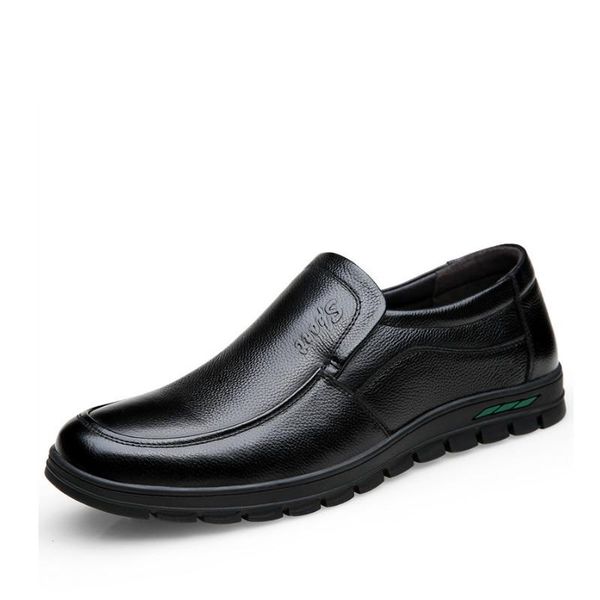 

dress shoes 2021 men genuine leather breathable middle aged business round toe wedding footwear male flat office, Black