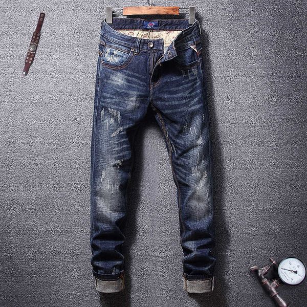 

men's jeans italian style fashion retro dark blue slim fit elastic ripped men denim pants hip hop homme ouk0 plhm