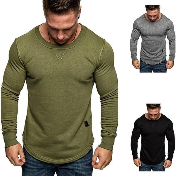 

men's t-shirts 2021 autumn men tshirt long sleeve cotton solid o-neck inverted triangle hem leather label four season bottoming t shirt, White;black