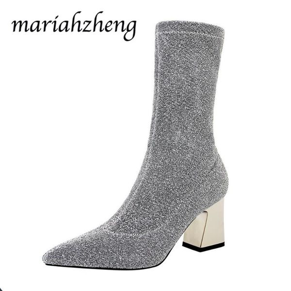 

boots mariahzheng winter high heel women's to calf thin elastic pointed sequins shiny ds, Black