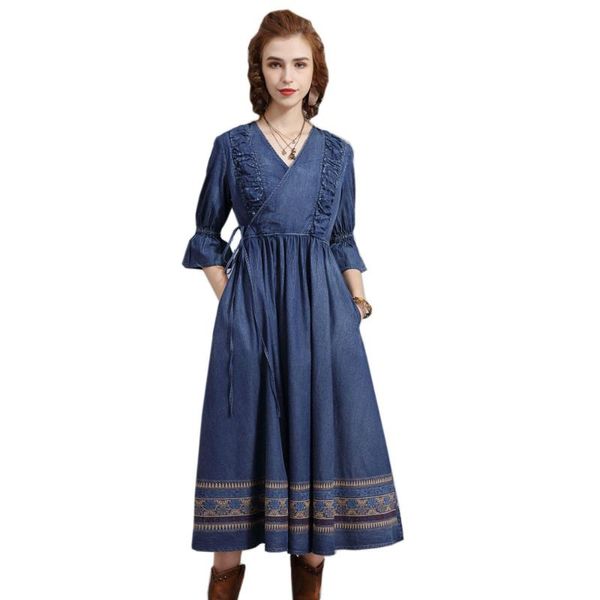 

casual dresses women's spring embroidered denim dress vintage lace-up mid-length fashion elegance female, Black;gray