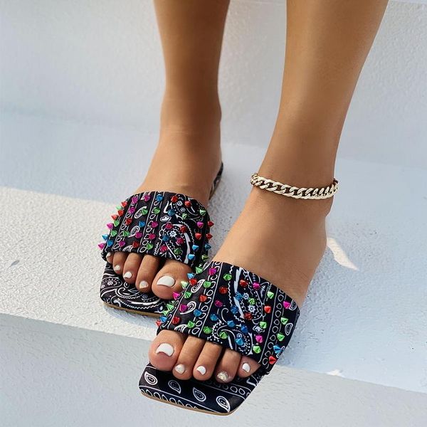 

slippers women's comfy bandana slip-on rivet decoration slides outdoor flip-flops beach shoes summer toe non-slip slipper, Black
