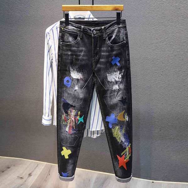 

jeans newly streetwear fashion slim jeans men elastic cotton embroidery ripped denim punk trousers patches designer hip hop pants male, Blue