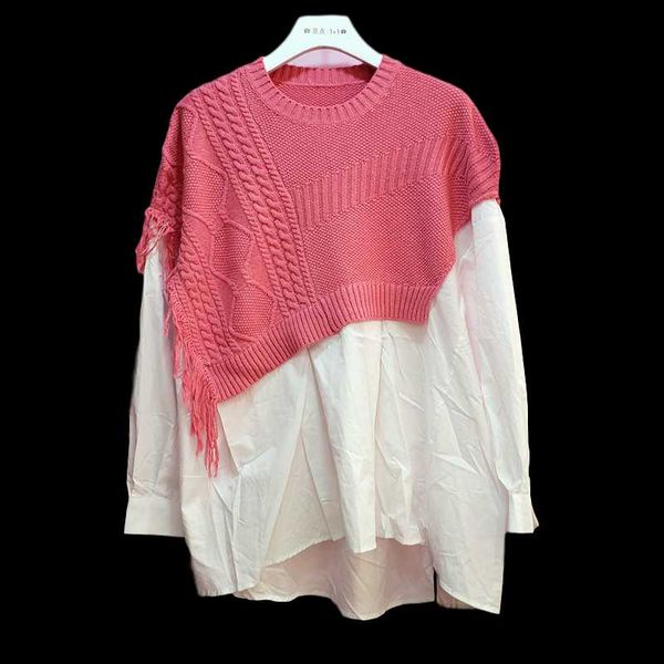 

autumn o-neck knitted contrast color patchwork long sleeve stitching women's fake two-piece pullover v344 sweaters, White;black