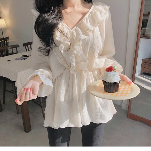 

women's blouses & shirts loose shirt spring femme casual ruffles v neck solid women long sleeve girls blouse plus size summer, White