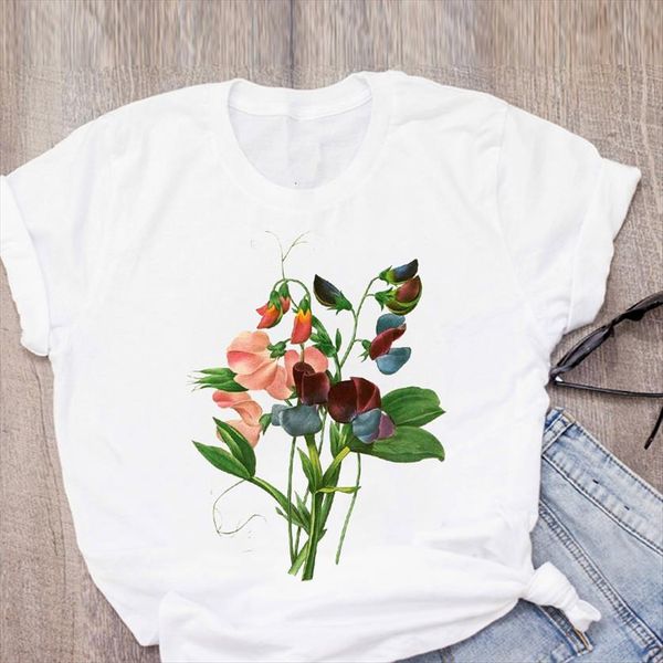 

graphic flower plant fashion print women floral short sleeve summer womens clothing female, White