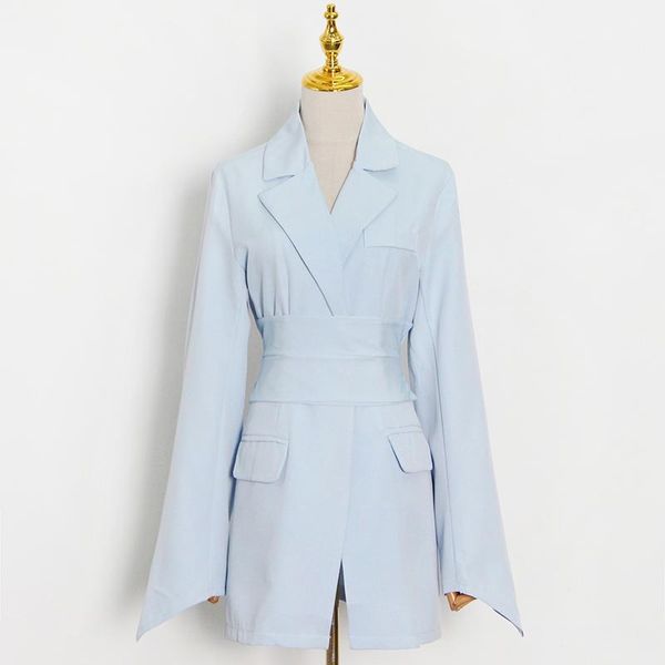 

women's suits & blazers [ewq] korea chic temperament blue blazer autumn 2021 notched lace up waist bowknot long sleeve suit jacket 16e3, White;black