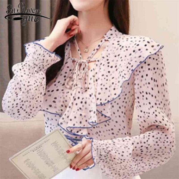 

blusas mujer de moda women chiffon blouses casual ruffles bow long sleeve dot office lady clothing 5549 50 210427, White