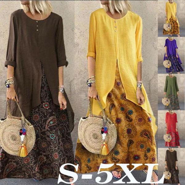 

casual dresses woman fashion crew neck long sleeve party gowns dress beach ladies floral loose cotton linen, Black;gray
