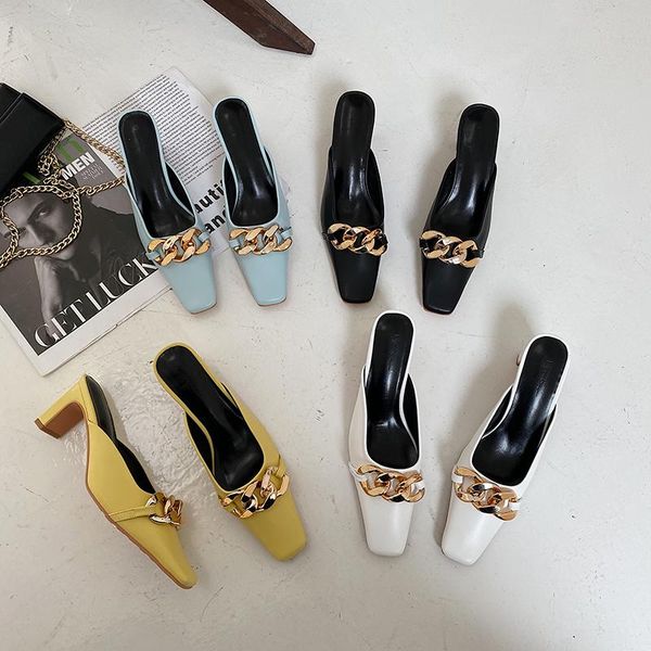 

slippers fashion women square toe high heels metal chain thick slip on white/black/yellow/blue pumps