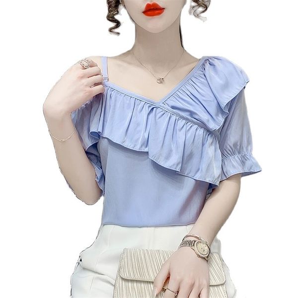 

design sense ruffled chiffon shirt loose and thin exposed clavicle strap summer fashion women's clothing 210520, White
